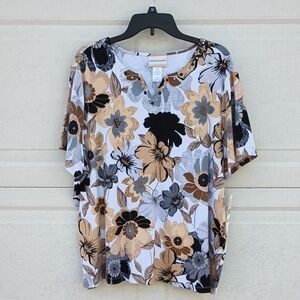 Alfred Dunner Classics Floral Tunic Top T Shirt White Tan Gray Black 2X NWT